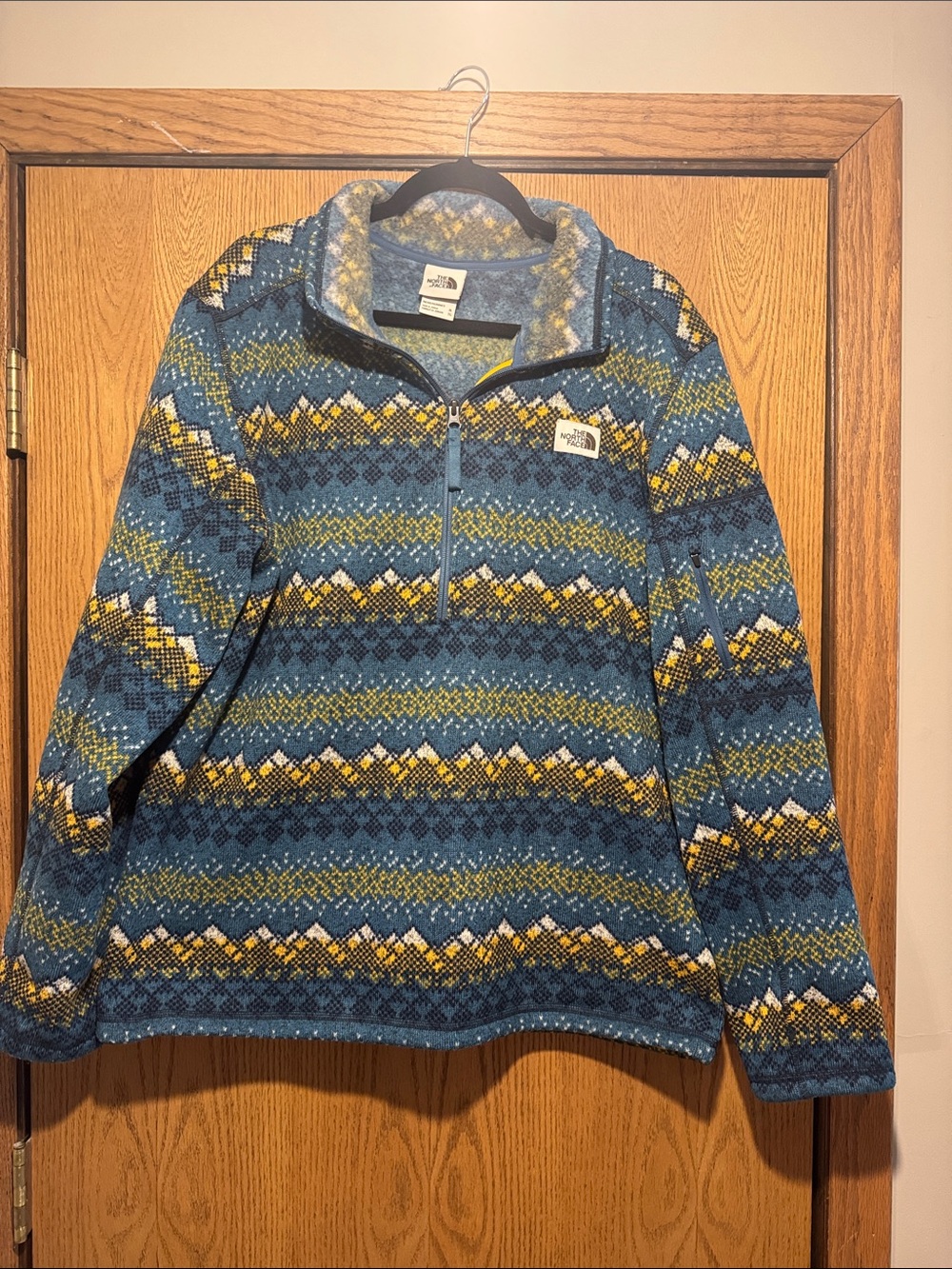 The North Face Men’s Blue and Yellow Patterned Half-Zip Sweater